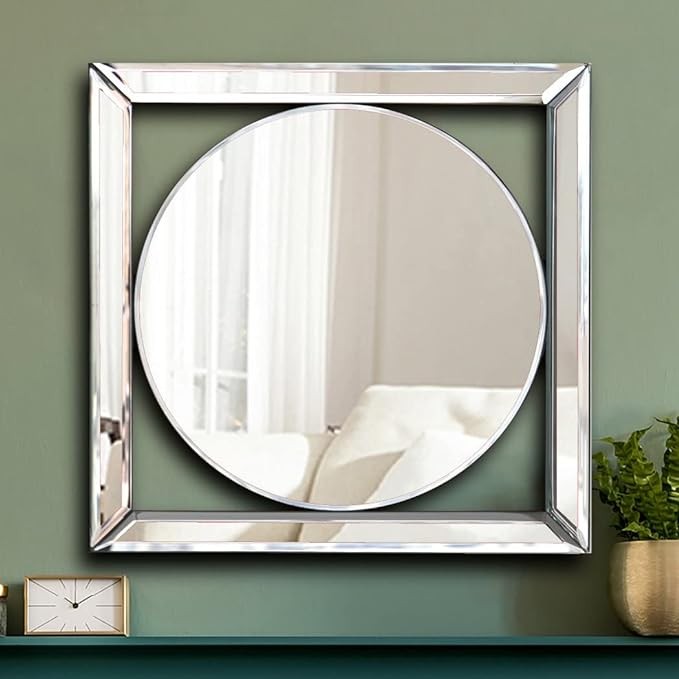 ALLARTONLY Square Mirrored Wall Decor Decorative Mirror Wall-Mounted Accent Mirrors 12x12� Mirror Elegant Bevel in Exquisite Craft. Middle Round Shape