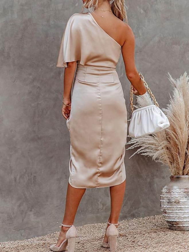CUPSHE Women's Satin Dress Backless One Shoulder Short Sleeves Midi High Low Hem Cocktail Party Dress