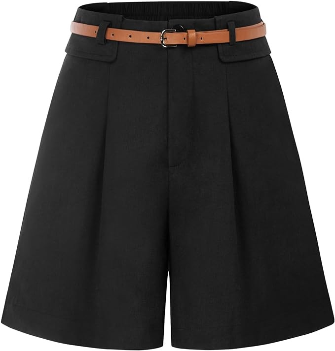 Belle Poque Bermuda Shorts for Women with Belt Pockets High Waisted Fold-Over Leg Opening Cotton Fabric Causal Summer Shorts