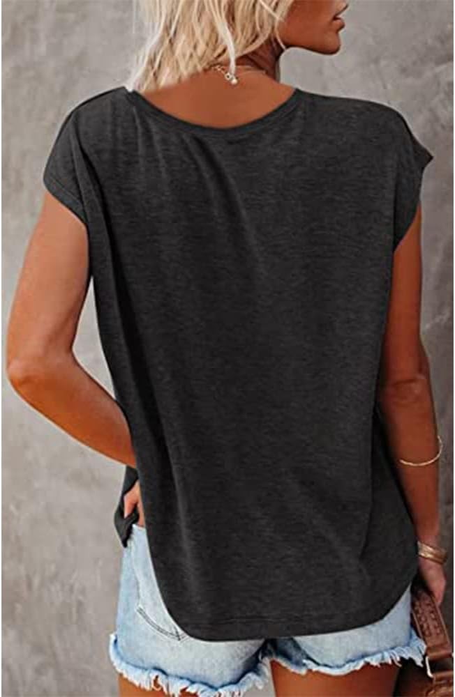 MAGICMK Women's Cap Sleeve Tank Tops V Neck Solid Print Casual Short Sleeve Loose Basic Shirt
