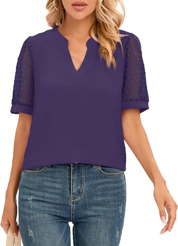 NILOUFO Womens Summer Casual Shirts Short Sleeve Tops Notch V Neck Blouses Trendy Tunic